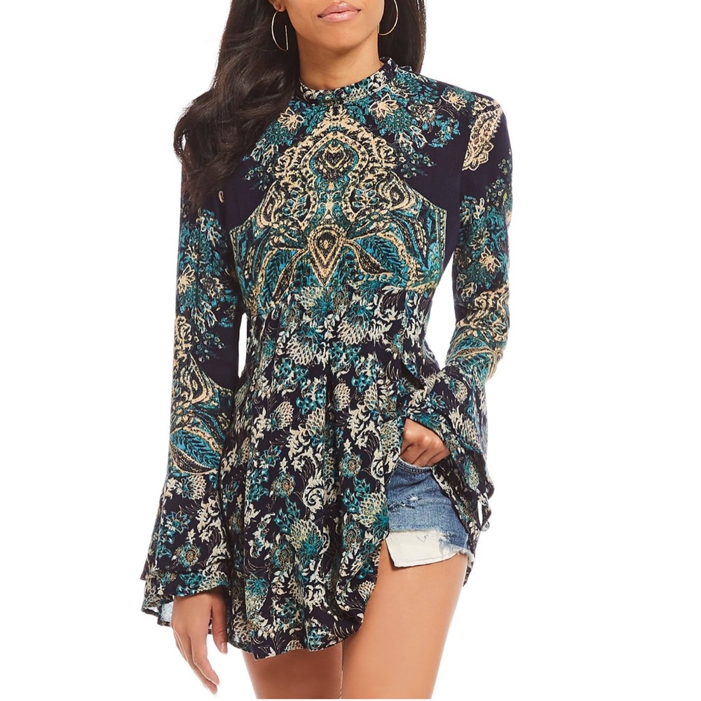 Free People Navy Teal Floral Paisley Long-Sleeve Tunic
